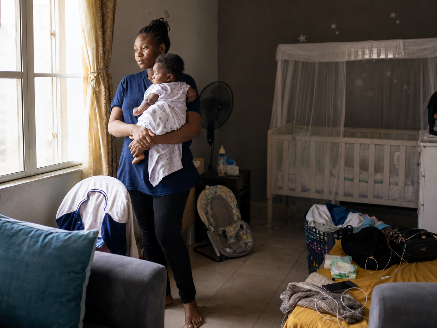 Parent beside baby cot at night in a calm home setting with soft lighting